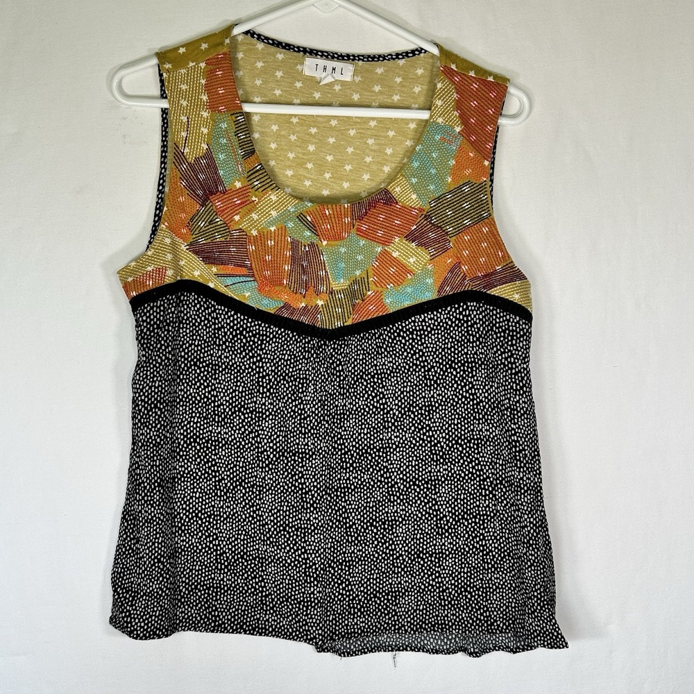THML Mixed Media Patchwork Tank Top Sleeveless Blouse Boho Polka Dot Women's Med